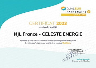 Certificat 2023 Celeste Energie par DUALSUN Partenaire
