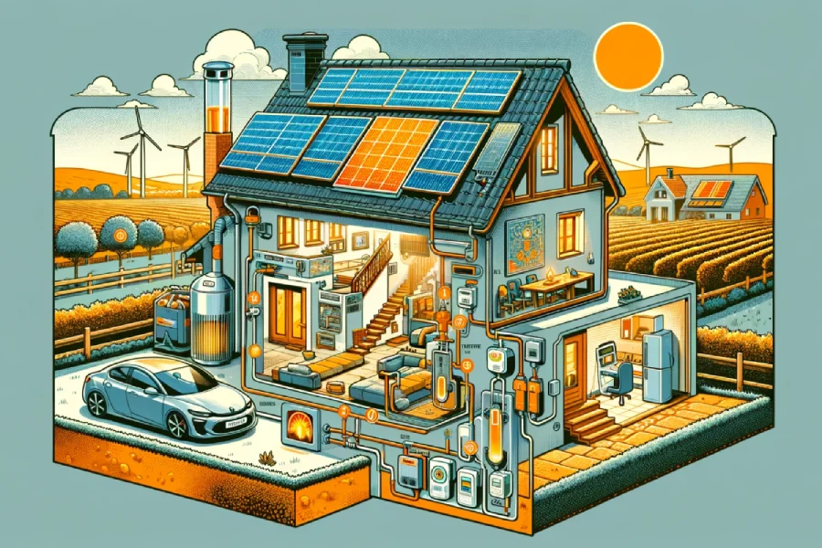 Schéma d'une maison équipée pour l'autoconsommation photovoltaïque, avec des panneaux solaires sur le toit et dans le jardin, un système de stockage de batterie, une station de charge de voiture électrique, et une vue en coupe montrant l'intérieur de la maison avec des appareils électroménagers. 