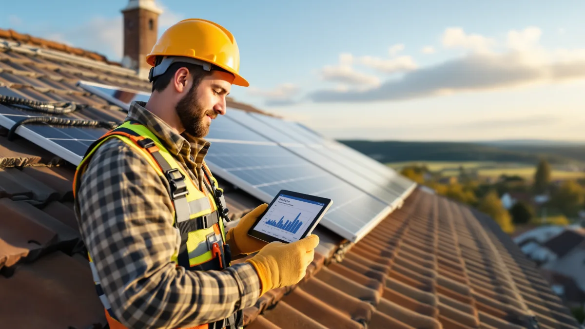 Technicien solaire sur toit en Lorraine inspectant des panneaux photovoltaïques